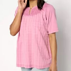LOGO Lori Goldstein pink short sleeve tunic mixed media